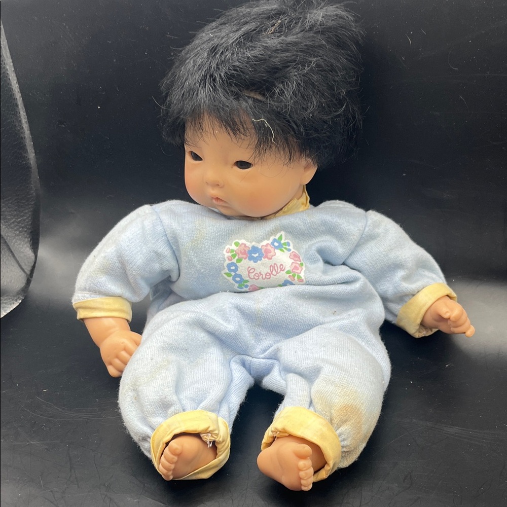 Vintage Corolle Asian Baby Doll in blue Outfit 12” Bean Bag 1996 90s
